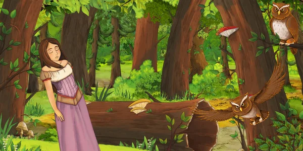 Escena de dibujos animados con la joven feliz en el bosque con un par de búhos volando - ilustración para los niños — Foto de Stock