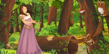 ormanda uçan baykuş çifti karşılaşan mutlu genç kız ile karikatür sahnesi - çocuklar için illüstrasyon