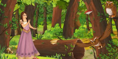 ormanda uçan baykuş çifti karşılaşan mutlu genç kız ile karikatür sahnesi - çocuklar için illüstrasyon