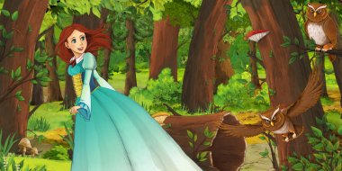 ormanda uçan baykuş çifti karşılaşan mutlu genç kız ile karikatür sahnesi - çocuklar için illüstrasyon