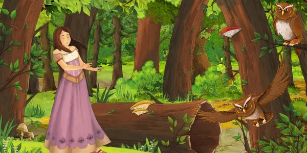 Cena dos desenhos animados com a menina feliz na floresta encontrando par de corujas voando - ilustração para crianças — Fotografia de Stock