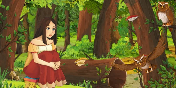 Escena de dibujos animados con la joven feliz en el bosque con un par de búhos volando - ilustración para los niños — Foto de Stock