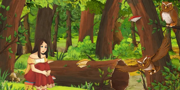 Cartoon scene with happy young girl in the forest encountering pair of owls flying - illustration for children — Stock Photo, Image