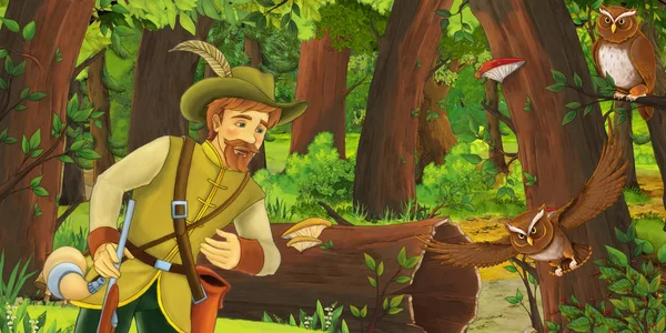 cartoon scene with older man farmer or hunter in the forest encountering pair of owls flying - illustration for children