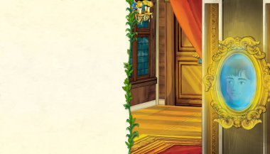 eski geleneksel kale salonu veya odası ile karikatür sahne - çerçeve ve metin için alan ile - çocuklar için illüstrasyon