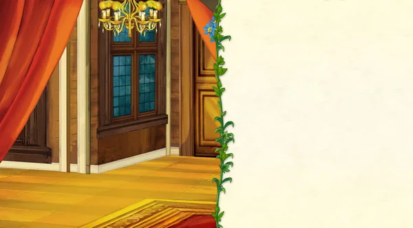 Cena de desenhos animados com antigo salão ou câmara de castelo tradicional - com moldura e espaço para texto - ilustração para crianças — Fotografia de Stock