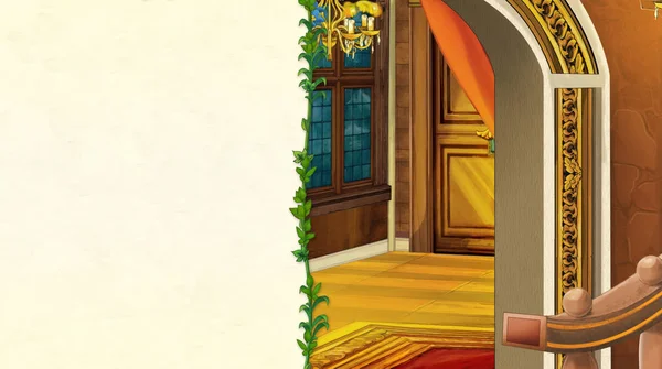 Escena de dibujos animados con antigua sala de castillo tradicional o cámara - con marco y espacio para el texto - ilustración para niños —  Fotos de Stock