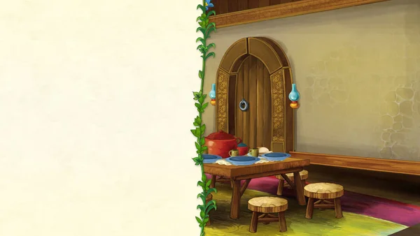 Cena dos desenhos animados com cozinha tradicional antiga - com moldura e espaço para texto - ilustração para crianças — Fotografia de Stock