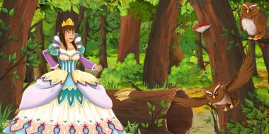 ormanda uçan baykuş çifti karşılaşan mutlu genç kız ile karikatür sahnesi - çocuklar için illüstrasyon