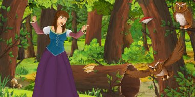 ormanda uçan baykuş çifti karşılaşan mutlu genç kız ile karikatür sahnesi - çocuklar için illüstrasyon