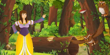 ormanda uçan baykuş çifti karşılaşan mutlu genç kız ile karikatür sahnesi - çocuklar için illüstrasyon