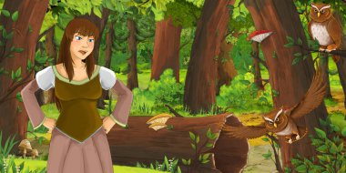 ormanda uçan baykuş çifti karşılaşan mutlu genç kız ile karikatür sahnesi - çocuklar için illüstrasyon