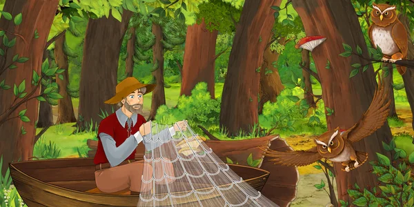 cartoon scene with happy older man farmer in the forest encountering pair of owls flying - illustration for children