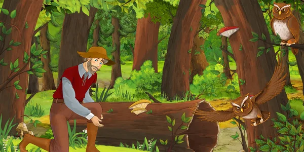 cartoon scene with happy older man farmer in the forest encountering pair of owls flying - illustration for children