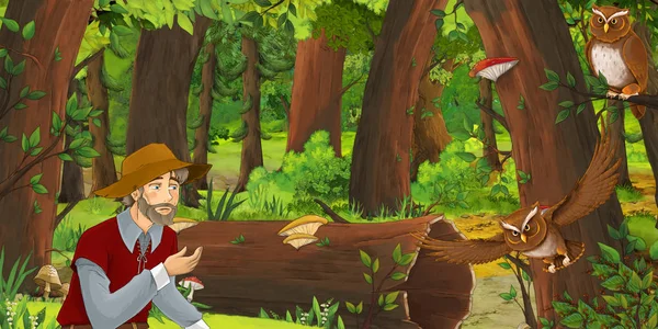 Escena de dibujos animados con la joven feliz en el bosque con un par de búhos volando - ilustración para los niños —  Fotos de Stock