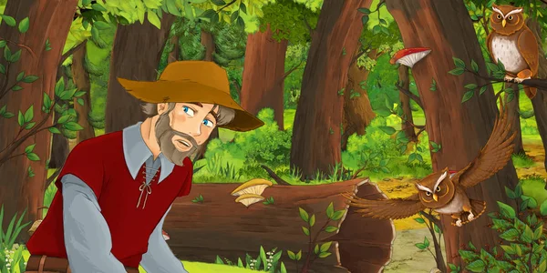 Scena del cartone animato con felice vecchio agricoltore nella foresta incontrare coppia di gufi volare - illustrazione per i bambini — Foto Stock