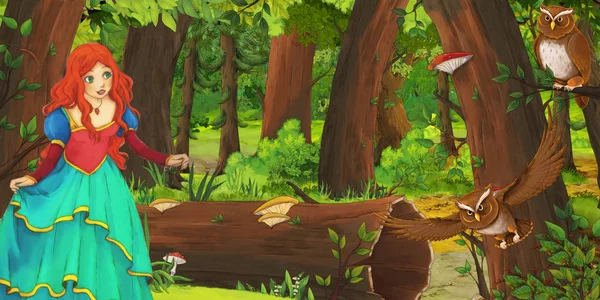 Καρτούν σκηνή με ευτυχισμένο νεαρό κορίτσι στο δάσος συναντά ζευγάρι κουκουβάγιες που πετούν-εικόνα για τα παιδιά — Φωτογραφία Αρχείου