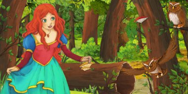 ormanda uçan baykuş çifti karşılaşan mutlu genç kız ile karikatür sahnesi - çocuklar için illüstrasyon