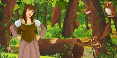 ormanda uçan baykuş çifti karşılaşan mutlu genç kız ile karikatür sahnesi - çocuklar için illüstrasyon