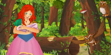 ormanda uçan baykuş çifti karşılaşan mutlu genç kız ile karikatür sahnesi - çocuklar için illüstrasyon