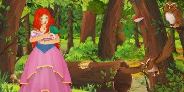 ormanda uçan baykuş çifti karşılaşan mutlu genç kız ile karikatür sahnesi - çocuklar için illüstrasyon