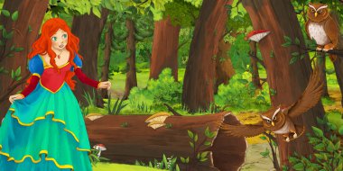 ormanda uçan baykuş çifti karşılaşan mutlu genç kız ile karikatür sahnesi - çocuklar için illüstrasyon