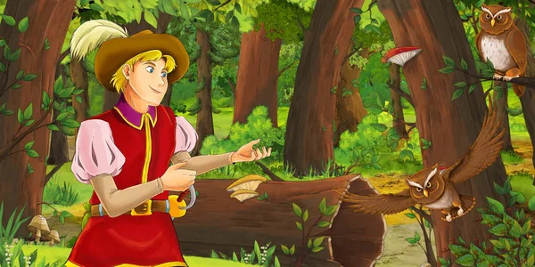 Kreslená scéna s šťastným mladým chlapcem princem v lese, který se setkala s dvojicí Soven-ilustrace pro děti — Stock fotografie