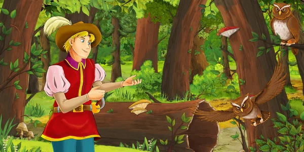 Scena del cartone animato con felice giovane principe ragazzo nella foresta incontrando coppia di gufi in volo - illustrazione per bambini — Foto Stock