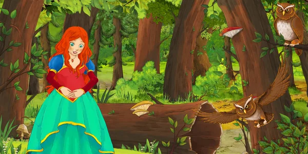 Kreslená scéna s šťastnou mladou dívkou v lese, která se setkala s dvojicí Soven-ilustrace pro děti — Stock fotografie