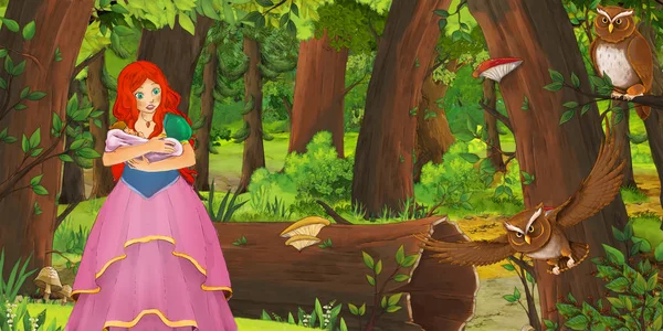 Tecknad scen med lycklig ung flicka i skogen möter par ugglor flygande-illustration för barn — Stockfoto