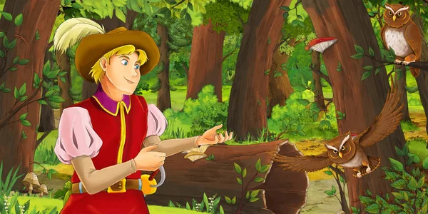Scena kreskówki z szczęśliwym młodym chłopcem książę w lesie napotykają parę sowy latający-ilustracja dla dzieci — Zdjęcie stockowe