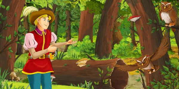 Scena del cartone animato con felice giovane principe ragazzo nella foresta incontrando coppia di gufi in volo - illustrazione per bambini — Foto Stock