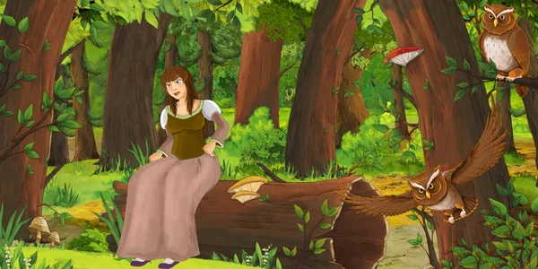 Cena dos desenhos animados com a menina feliz na floresta encontrando par de corujas voando - ilustração para crianças — Fotografia de Stock