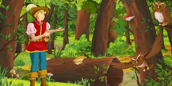 Scena del cartone animato con felice giovane principe ragazzo nella foresta incontrando coppia di gufi in volo - illustrazione per bambini — Foto Stock