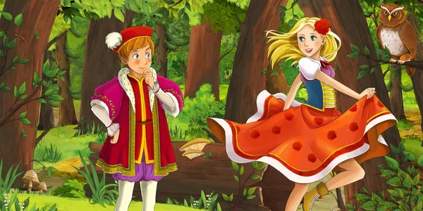 Cartoon scène met gelukkig jong meisje en jongen Prins en prinses in het bos geconfronteerd paar uilen vliegen-illustratie voor kinderen — Stockfoto