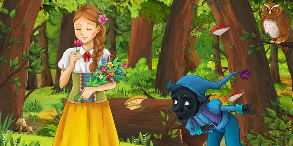 Scena del cartone animato con felice giovane ragazza e ragazzo principe nano e principessa nella foresta incontrando coppia di gufi in volo - illustrazione per bambini — Foto Stock