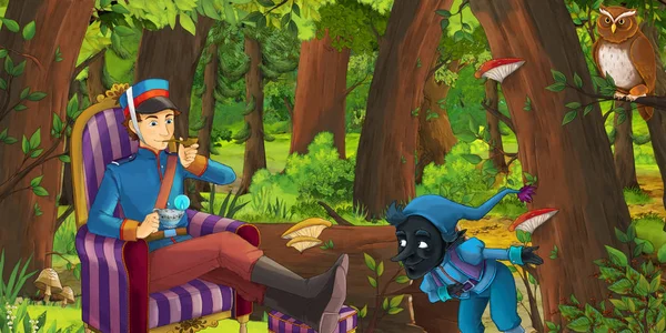Scena del cartone animato con felice giovane principe ragazzo nella foresta incontrando creatura magica nano e coppia di gufi volare - illustrazione per bambini — Foto Stock