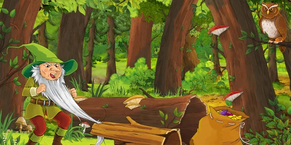 Cena dos desenhos animados com príncipe menino anão feliz na floresta encontrando par de corujas voando - ilustração para crianças — Fotografia de Stock
