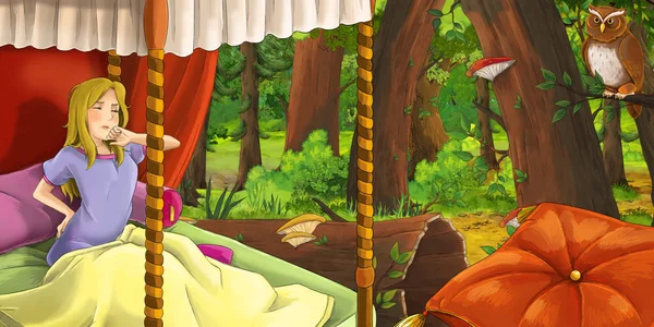 魔法のベッドで眠っている森の中で幸せな若い女の子と漫画のシーンは、フクロウのペアに遭遇する飛ぶ - 子供のためのイラスト — ストック写真