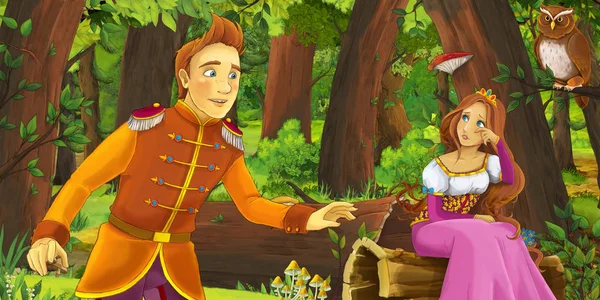 Karikatúra jelenet boldog fiatal lány és a fiú herceg és hercegnő az erdőben találkozás pár baglyok repülő-illusztráció gyerekeknek — Stock Fotó