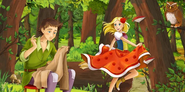 Escena de dibujos animados con niña y niño feliz sastre y princesa en el bosque encuentro par de búhos volando - ilustración para los niños — Foto de Stock