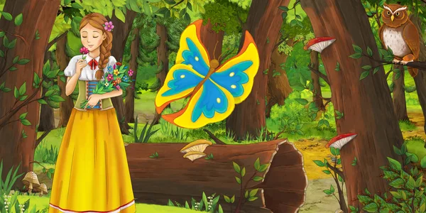 Escena de verano de dibujos animados con la princesa Gil bosque profundo y búho pájaro y mariposa - ilustración para los niños — Foto de Stock