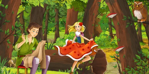 Escena de dibujos animados con niña y niño feliz sastre y princesa en el bosque encuentro par de búhos volando - ilustración para los niños —  Fotos de Stock