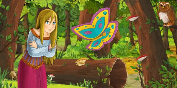 Scena del cartone animato con felice giovane ragazza e bella farfalla nella foresta incontrando coppia di gufi che volano - illustrazione per bambini — Foto Stock