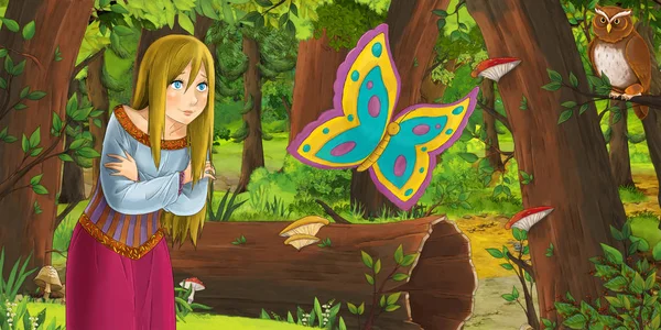 Cartoon scene with happy young girl and beautiful butterfly in the forest encountering pair of owls flying - illustration for children — Stock Photo, Image