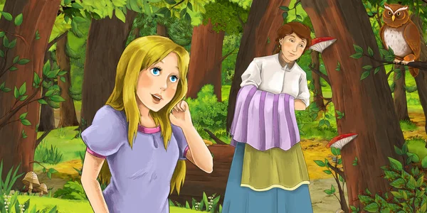 Cartoon scène met gelukkig jong meisje prinses en haar meid in het bos geconfronteerd paar uilen vliegen-illustratie voor kinderen — Stockfoto