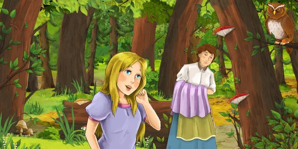 Cartoon-Szene mit glücklichen jungen Mädchen Prinzessin und ihre Magd im Wald Begegnung mit zwei Eulen fliegen - Illustration für Kinder — Stockfoto