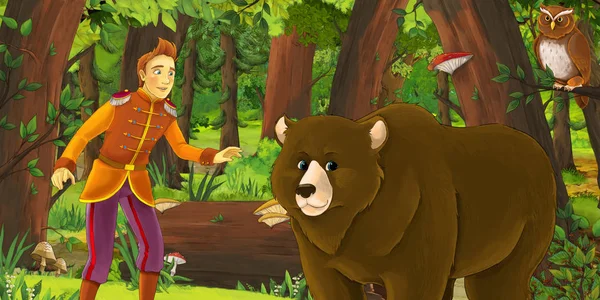 Scène de dessin animé avec heureux jeune garçon prince dans la forêt rencontrant une paire de hiboux volant et ours illustration pour les enfants — Photo