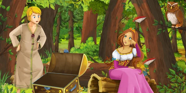 Scena del cartone animato con felice giovane ragazza e ragazzo principe e principessa nella foresta incontrando coppia di gufi in volo - illustrazione per bambini — Foto Stock