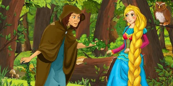 Scena del cartone animato con felice ragazza principessa e strega strega nella foresta incontrando coppia di gufi che volano - illustrazione per bambini — Foto Stock